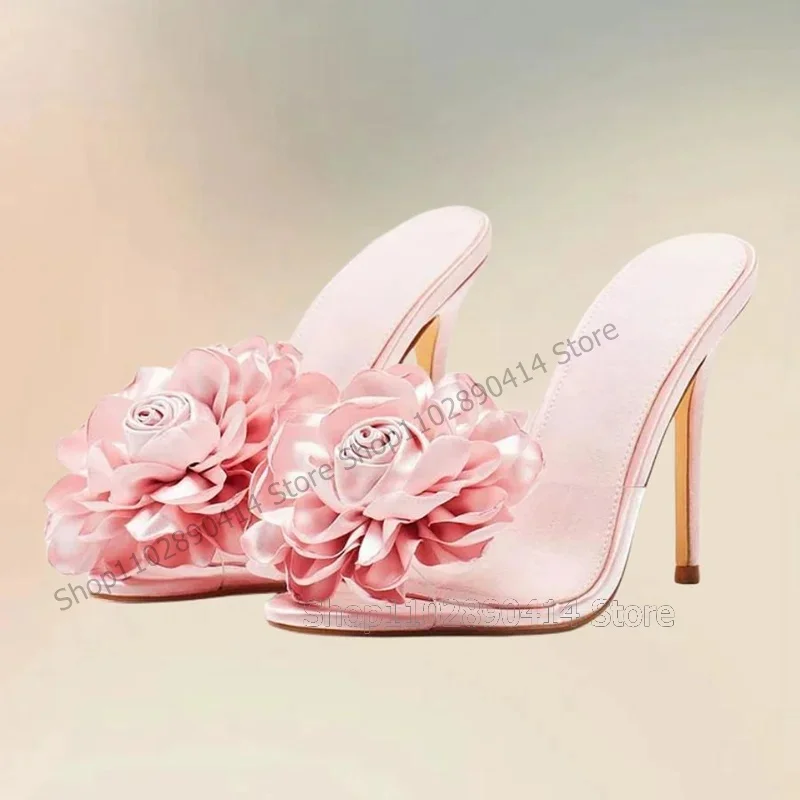 

Pink Flower Decor PVC Peep Toe Slippers Slip On Women Shoes Thin High Heels Fashion Banquet Outdoors 2025 Zapatos Para Mujere