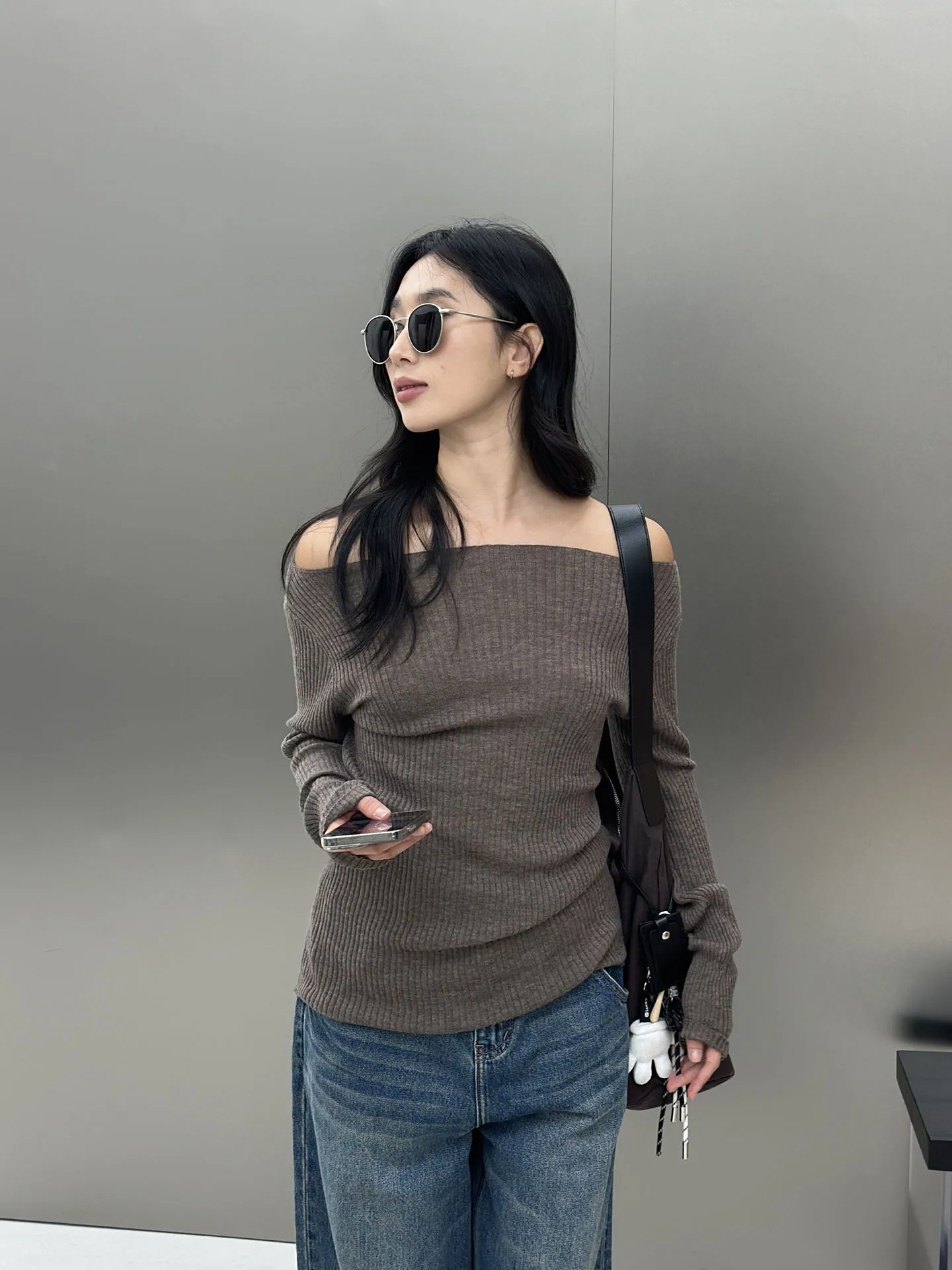 

Soft Wool Knitted One-oulder Slim Fit Top Tee-Piece Series Retro Sle Comfortable Autumn Winter New Arrival Women's Faion