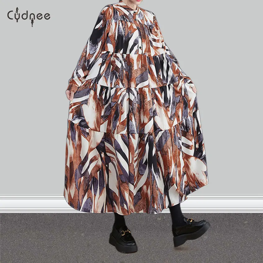 Tall Allover Cheetah Pattern Print Shirt Dress Korean Style Full Sleeve Loose Dress Multicolor Painted Woman Casual Long Dress