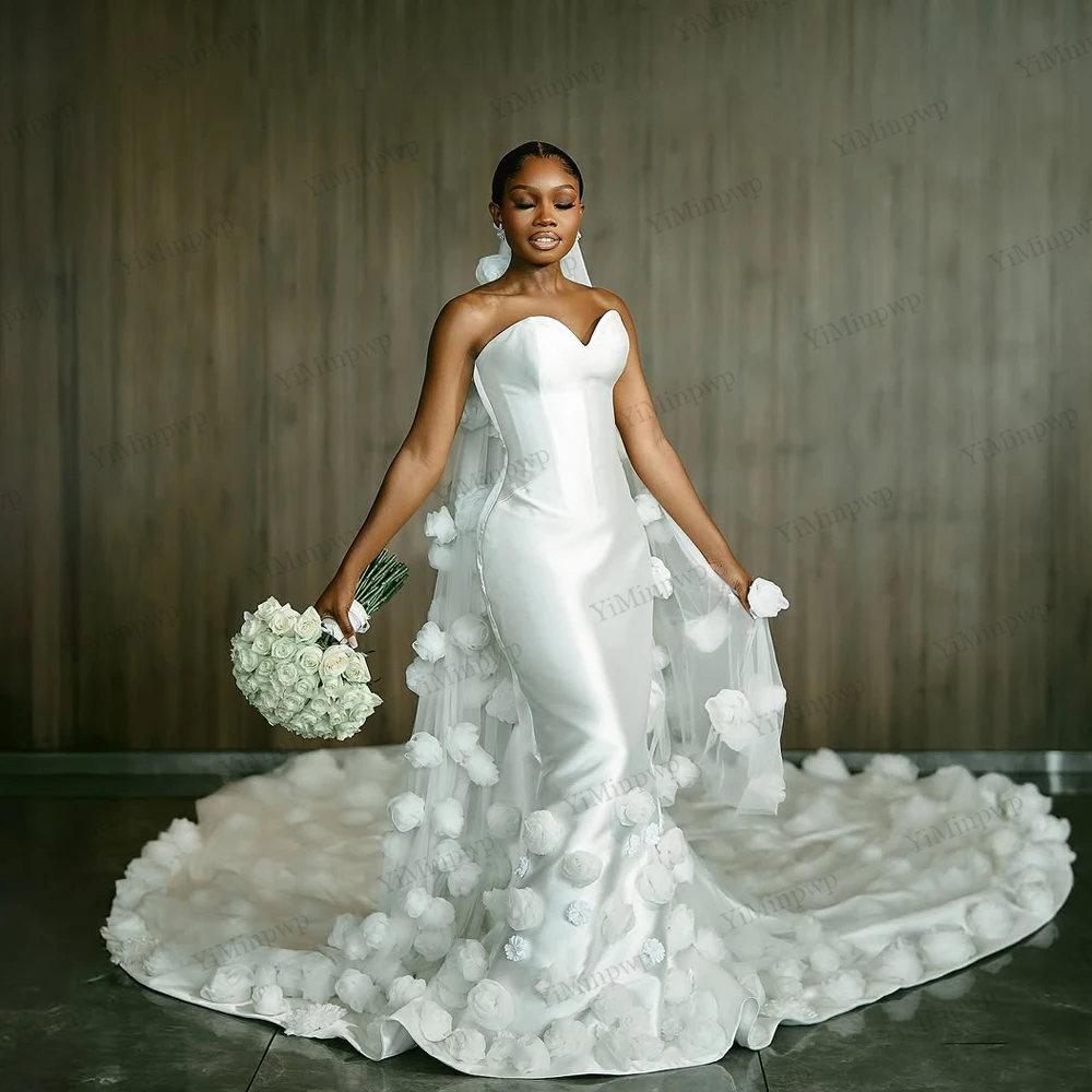 

Customized 3D Flowers Mermaid Wedding Dresses 2026 African Women Satin Sweetheart Sleeveless Ivory vestido novia Customized