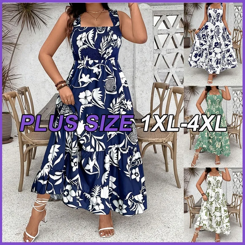 

Plus Size 2025 Summer New Holiday Floral Halter Dresses with Ruffle Hem and Gathered Bust Plus Size Dress Polyester