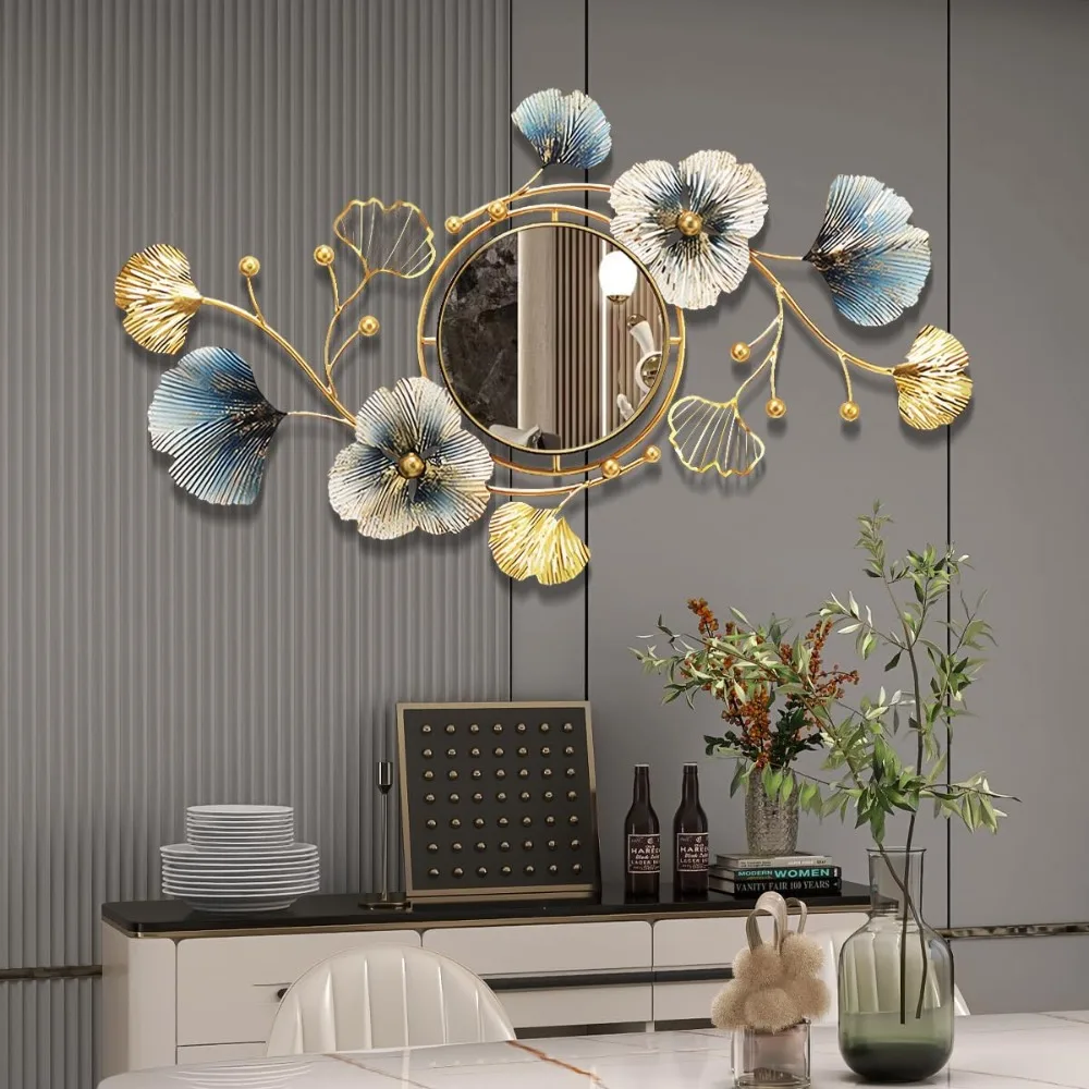 

37 Inch Large Wall Mirrors Decorative,Modern Gold Wall Art Mirrors for Living Room Entryway,Metal Ginkgo Leaf Wall Mirror Decor