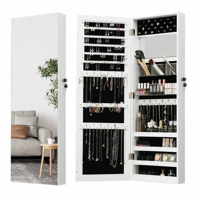 Full Body Floor Standing Full Length Mirror Cabinet Multifunctional Wooden Jewelry Storage Box European Simple Style Dressing