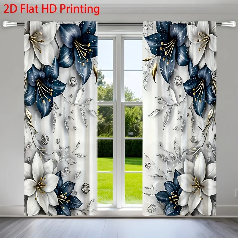 Luxurious Floral Curtains HD Print Blue White Lily Pattern Waterproof Window Drapes Modern Decorative Home Decor Curtains