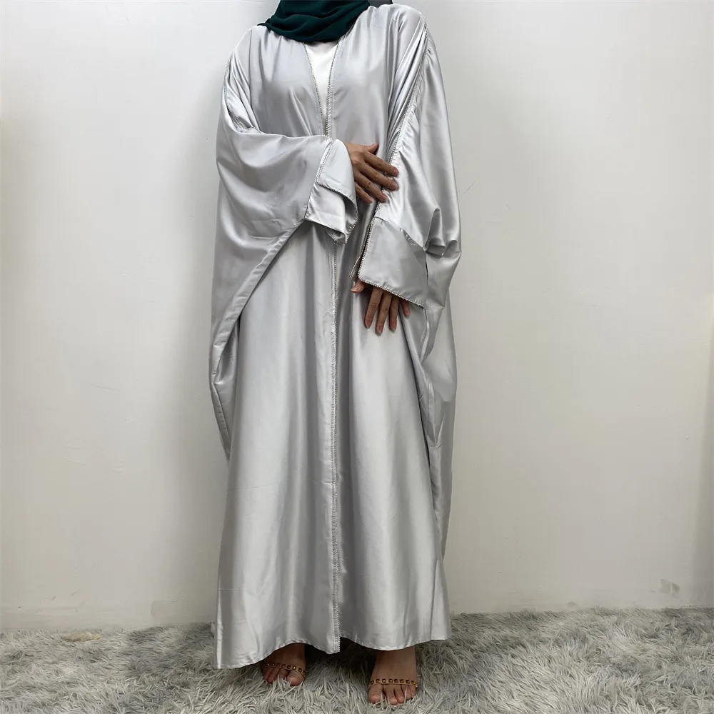 Eid Ramadan Dubai Open Kimono Abaya Satin Diamonds Dress for Muslim Women Batwing Sleeve Arab Robe Turkey Kaftan Caftan Kebaya