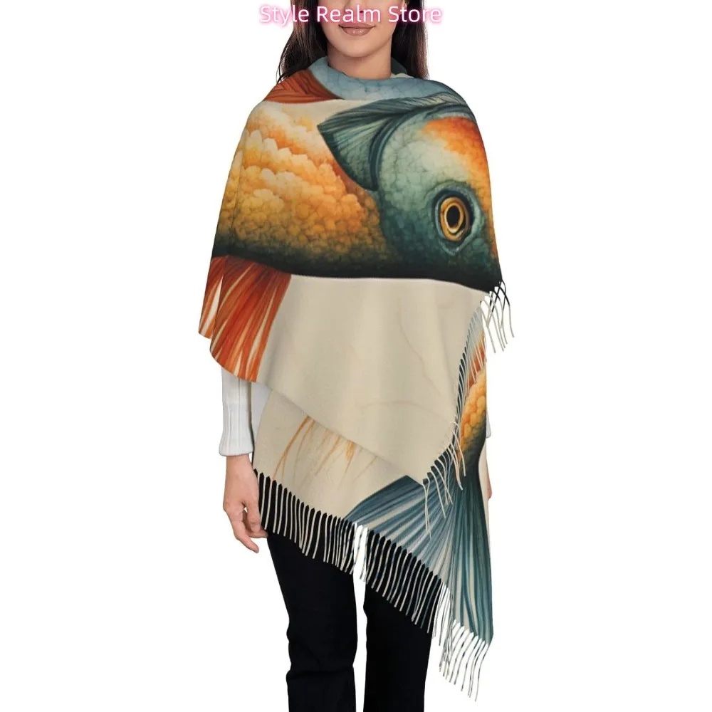 

Женский модный зимний шарф с принтом сафлора и летающей рыбы, мягкие длинные стильные теплые шаль, шарфы, накидки