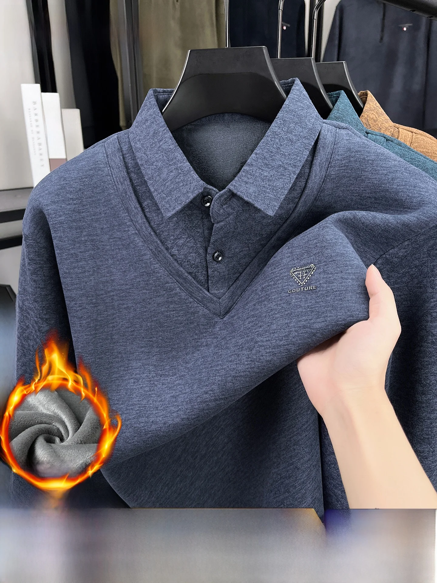 

Thiened Flap Collar Faux Two-Piece Men's Sweater Winter New Sle Dad Clothes Warm Inteated Fce Woolen Underwear