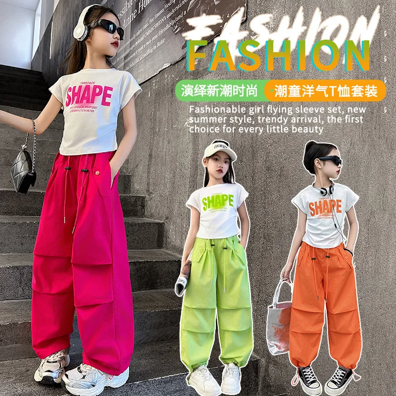 Kids Hip Hop T-shirt Solid Cargo Pants Child Summer Short Sleeve Crop Top Street Dance Joggers Streetwear Girls Jazz Clothes Set