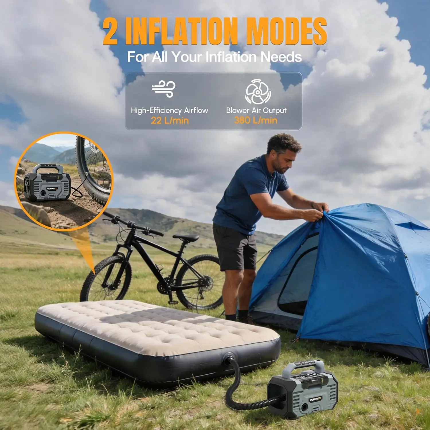 Portable Air Compressor Tire Inflator 150PSI, 12V DC & 20V Battery Powered Car Air Pump with 2 Modes, Auto Shut-Off, Digital Gauge, LED Light for Car, Bike, Ball, Air Mattress
