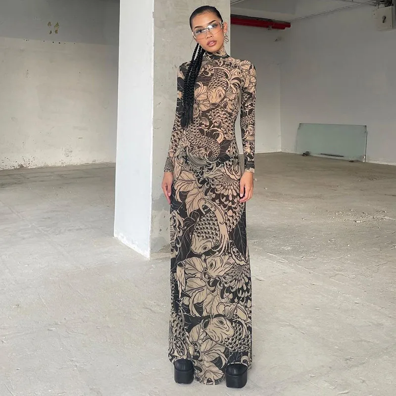 

Women's Clothing2024Spring and Summer New Fashion Personality Mesh Printing See-through High Collar Slim Fit Slimming Dress