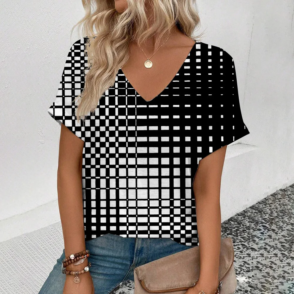 Women's V-neck T-Shirt Fashion Retro Stripe Pattern Print T-Shirt Leisure Short Sleeve T-Shirt 2024 Summer Popular T-Shirt