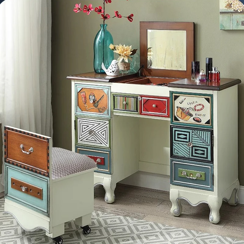 Modern Aesthetic Dresser Vintage Style Stool Wood Dresser Make Up Cabinet Tocador De Maquillaje Mueble Con Espejo Furniture