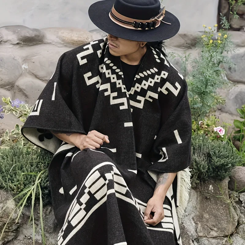 Men's Cape Fashionable Knitted Fringed Pullover Mantle Men Thickened Warm Large Shawl Wool-like Material Winter Season P1