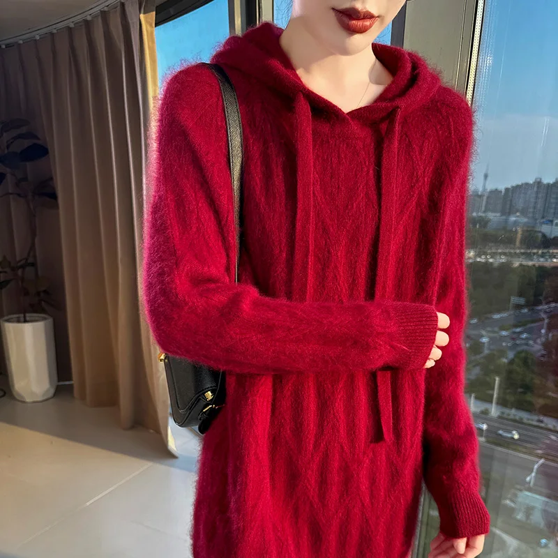 Suéter feminino para o calor do inverno, pulôver com capuz 100% caxemira de vison, elegante e moderno, alongado, cor sólida solta vers