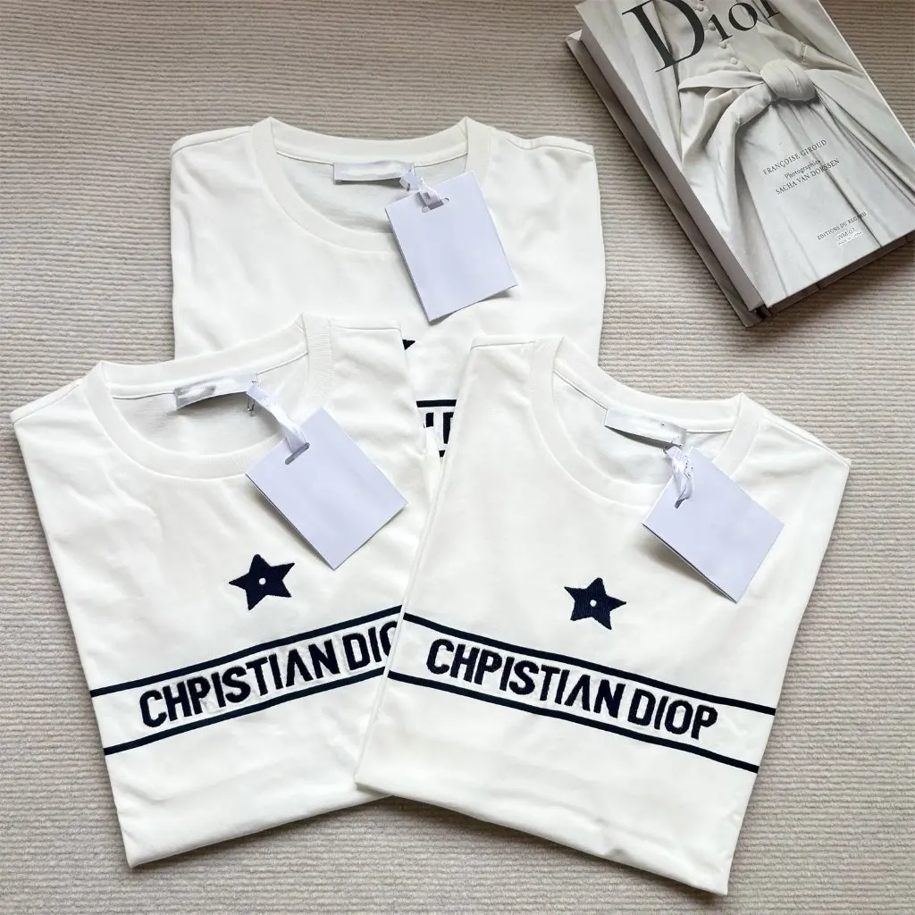 

D Family High Version French Simple Style round Neck Short-Sleeved T-Shirt Five-Pointed Star Letter Embroidery Contrasting Color