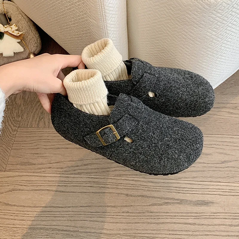 

Cowhide Version Fur Inner Heightening Thick Sole Plus Velvet Warm Lazy One-Word Strap Toe Slippers Winter Cotton Shoes