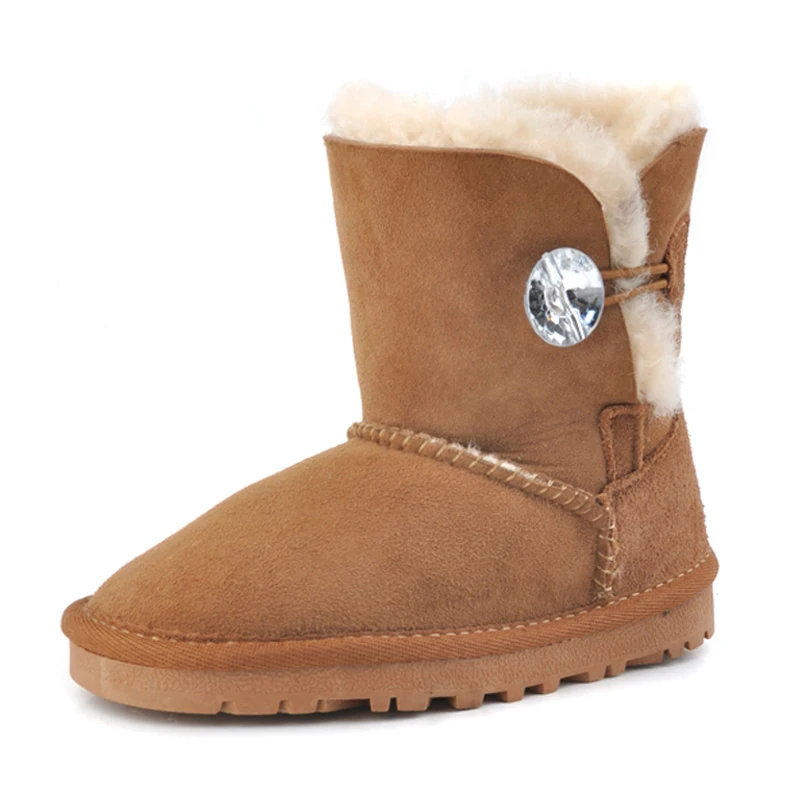 

Новинка 2026, зимние детские зимние ботинки до середины икры из натуральной овчины с пуговицами, теплая нескользящая детская модная обувь из овечьего меха для девочек