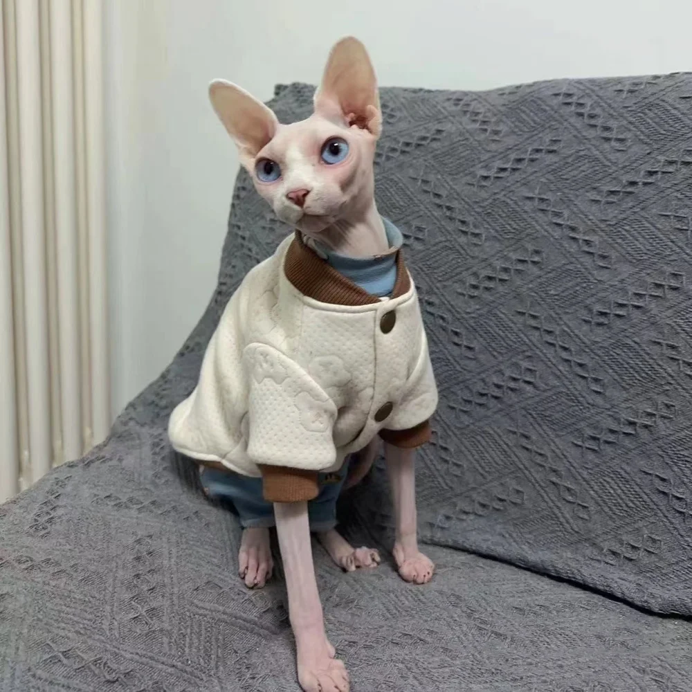 Cotton Baseball Uniform for Sphynx Cat Clothes Winter Long Sleeves Coat For Devon Rex Soft Cartoon Loungewear Jacket For Kittens