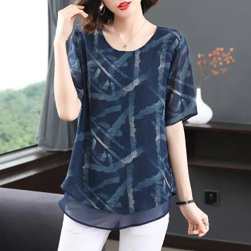 Plus size chiffon blouse met korte mouwen voor dames zomer nieuwe modieuze en chique grote maten tops voor mollige jonge moeders