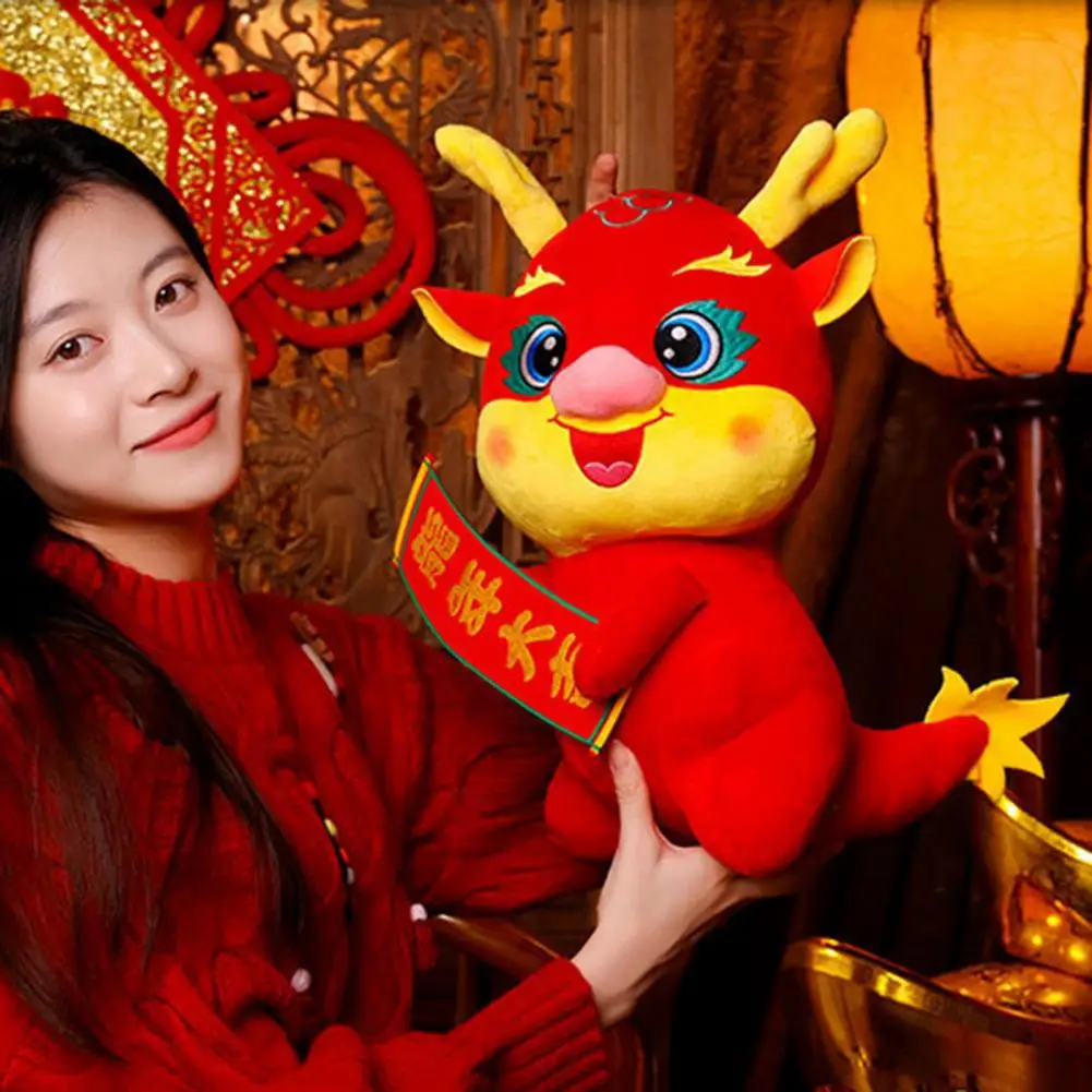 Cartoon Chinese Zodiac Dragon Plush Doll Hold Blessing Banner Year of 2024 Dragon Mascot Plushies Stuffed Animal Doll