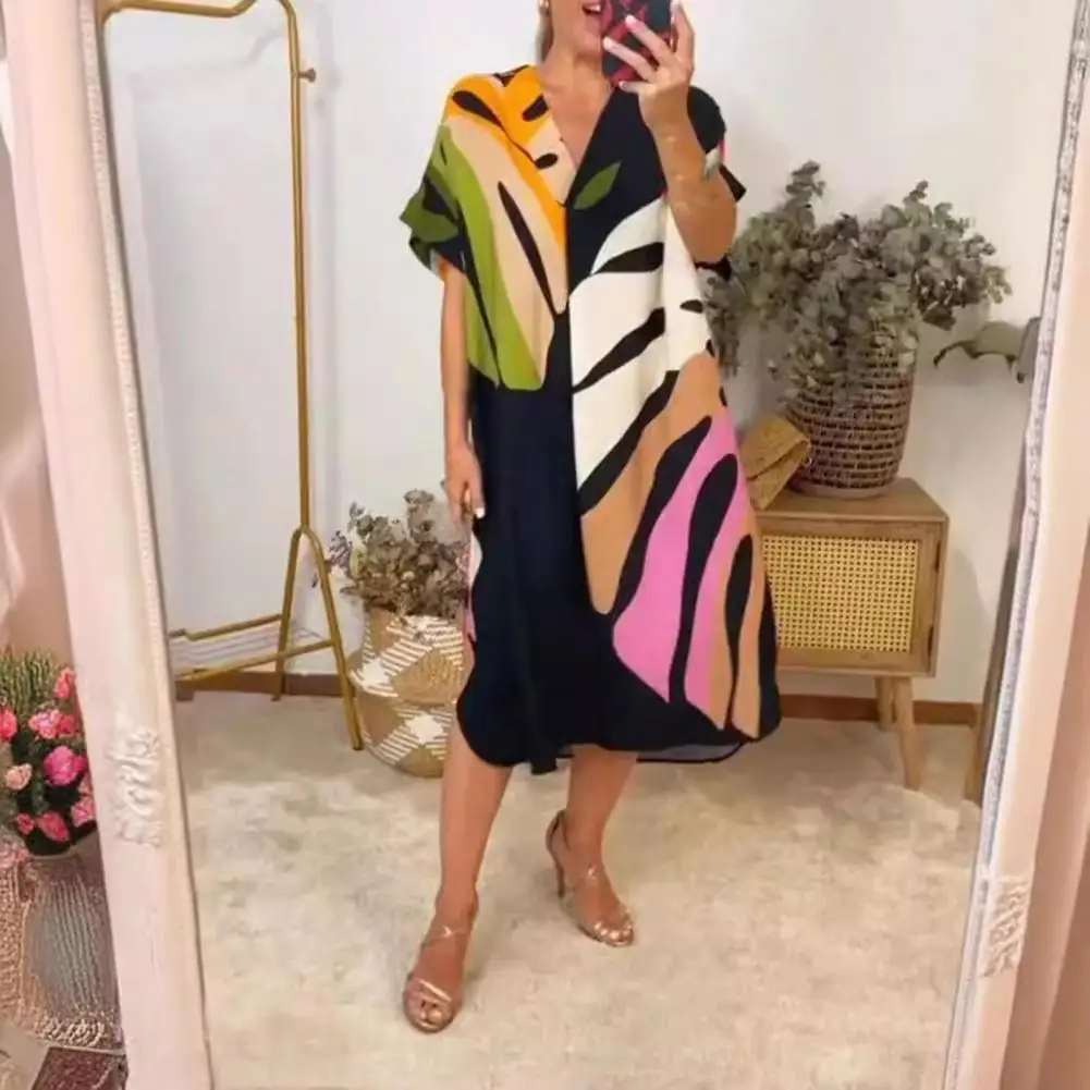 

Printed Dress Bohemian Style V Neck Midi Dress for Women with Colorful Printing Short Sleeves Loose Fit for Vacation or Beach