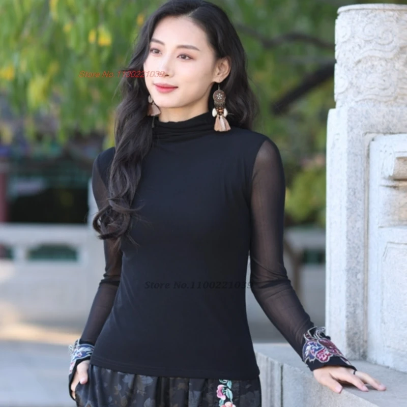 Camiseta tradicional china con bordado de flores nacionales, camisa folclórica de manga de malla, tops hanfu vintage, camisa base retro oriental, 2026