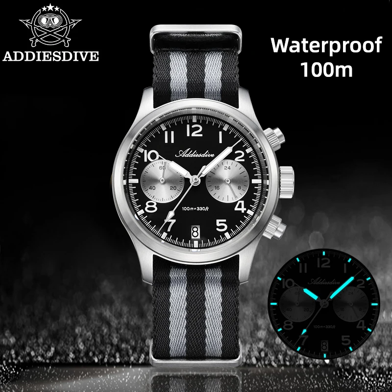 ADDIESDIVE 새로운 남성용 시계 럭셔리 사파이어 VK64 쿼츠 손목시계 크로노그래프 39mm 빛나는 100m 방수 316L 스테인레스 스틸