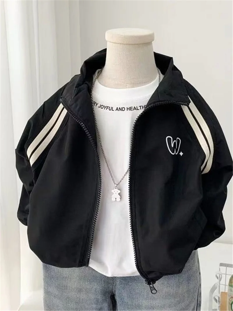 Autumn Windproof Jackets Autumn Boy Lined Clothing Spring Children Thin Zipper Coat Stitching Letter Outerwear Hooded Windbreak