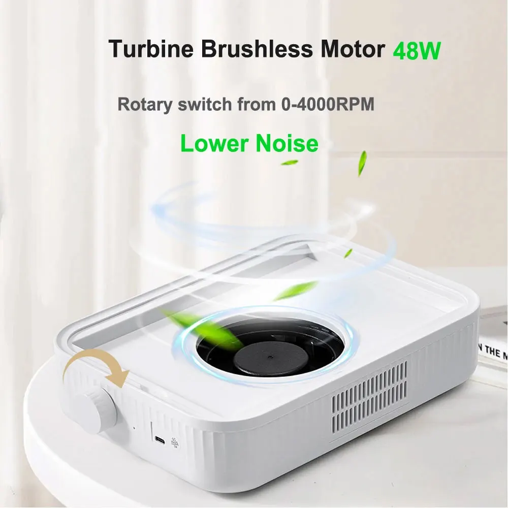 Aspirador de pó sem escova com turbina sem fio, com filtros removíveis, velocidade ajustável, 48w, coletor de pó de unhas, baixo ruído