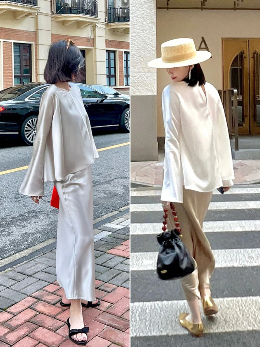 

LILY-DA WANG Acetate Satin Long Sleeve Shirt Glossy Geometric Slimming Effect Commute Style Pure Color Silk Top