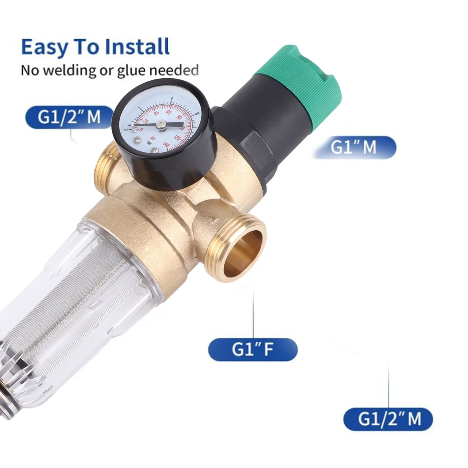 Water Pressure Reducer Brass G1 G1/2 Connector with Gauge 40 Microns Filter Water Pressure Regulator for Domestic Water Fixtures