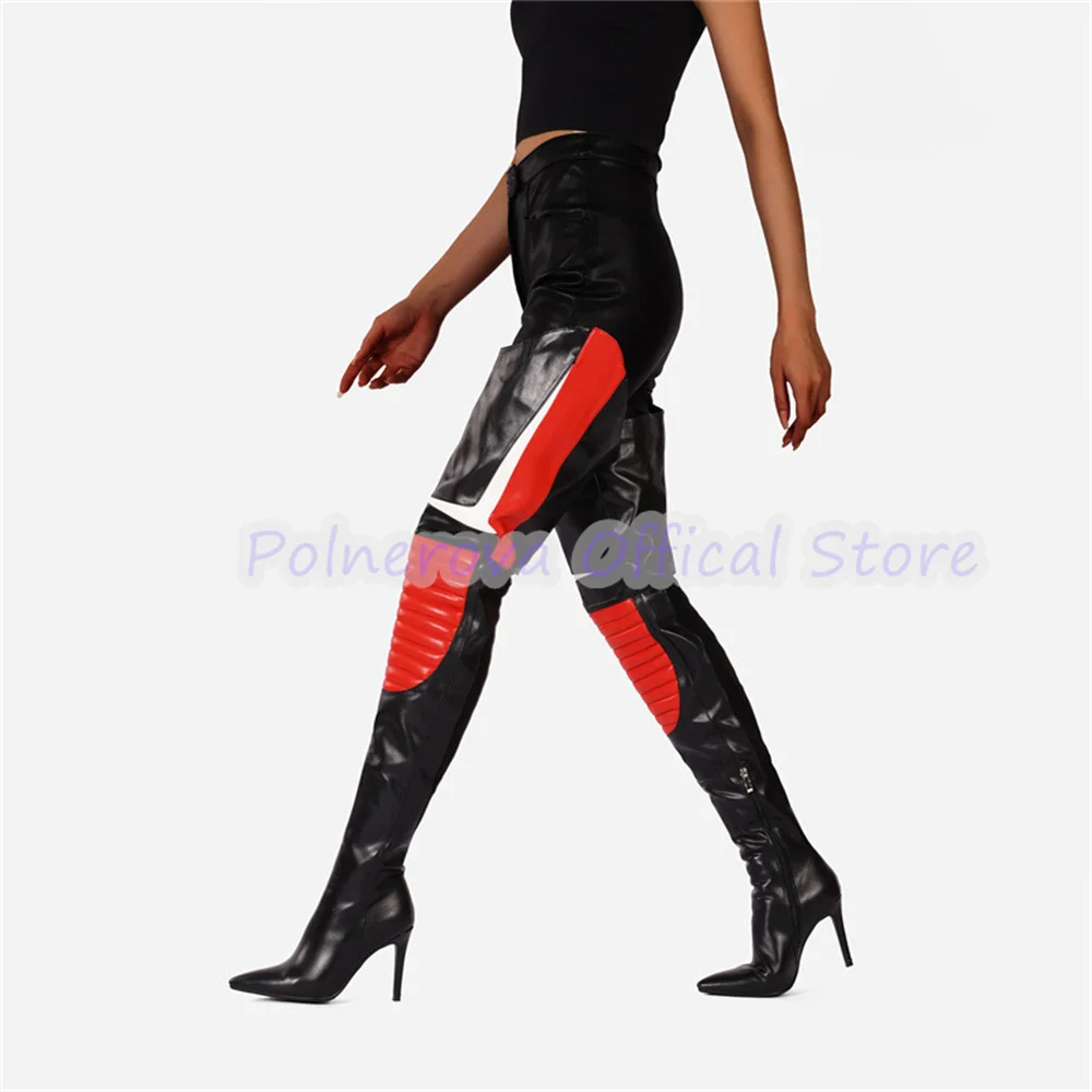 Sexy Mixed Color Patchwork Women Over the Knee Boots Pointed Toe High Heel Large Size Long Boots  Side Zipper Motorcycle Boots