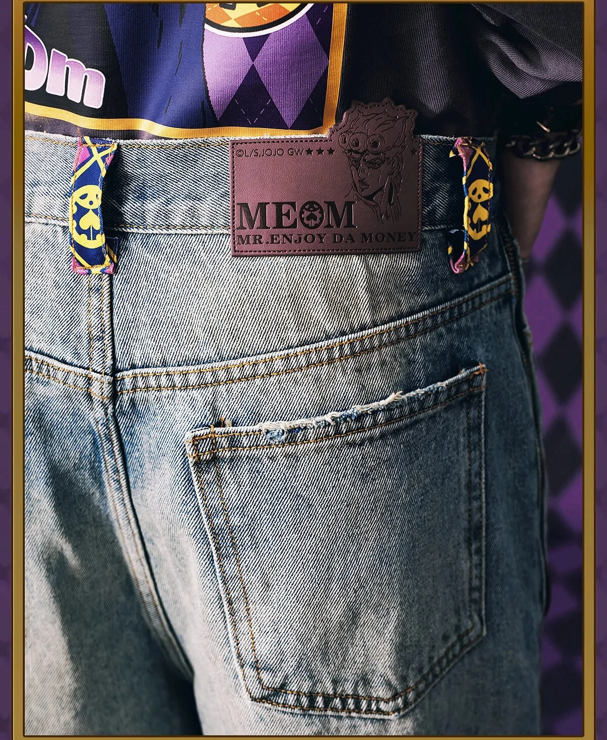 JoJo Anime Zip Off Panel Purple Gold Patchwork Straight Jeans Men Women High Waist Wide Leg Detachable Jeans Print Denim Pants