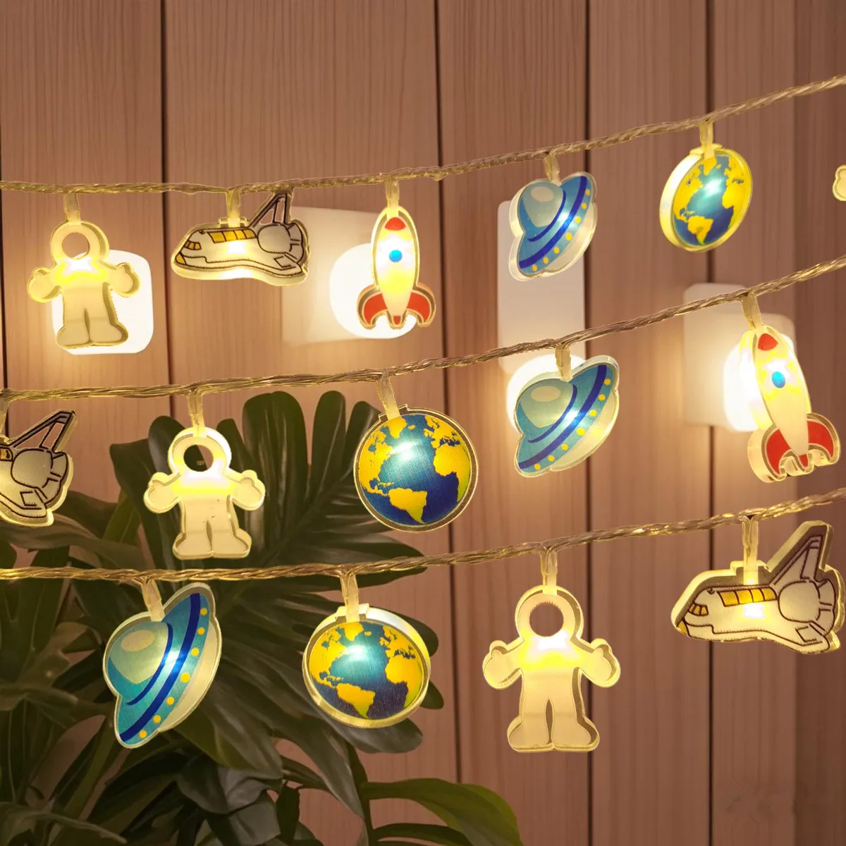 Outer Space LED String Lights, Astronaut Rocket UFO Earth Space Shuttle Fairy Lights for Kids Bedroom Space Theme Par