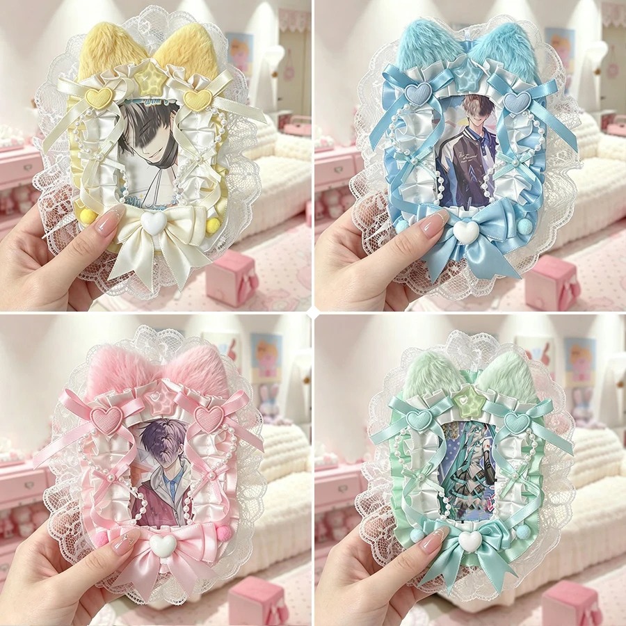Plush Cat Ear Heart Lace Photocard Display Card Holder Lolita Bow 3 Inch KPOP Photocard Decor Border Macaron Color Polaroid Photo Frame Anime Kuka Idol Collection Itabag Itaplate Decor Ornament photocard topper
