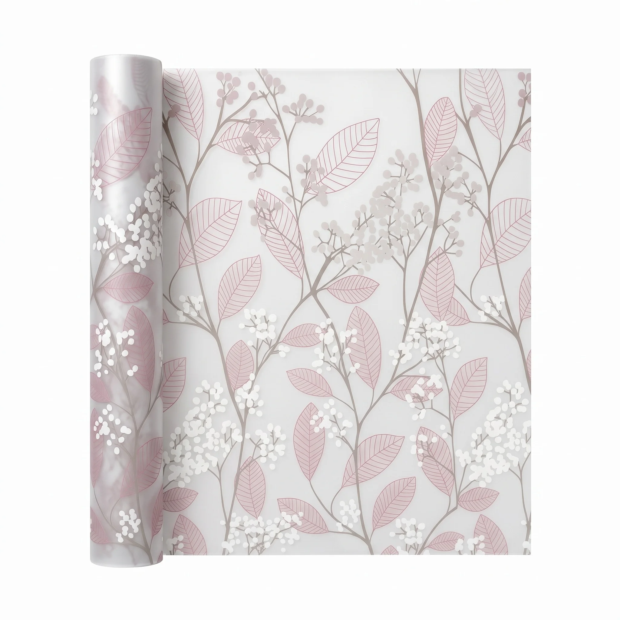 Pink Leaf & White Flower Self-Adhesive Floral Window Film - Frosted Glass Privacy Decorative Tint for Bathroom & Bedroom