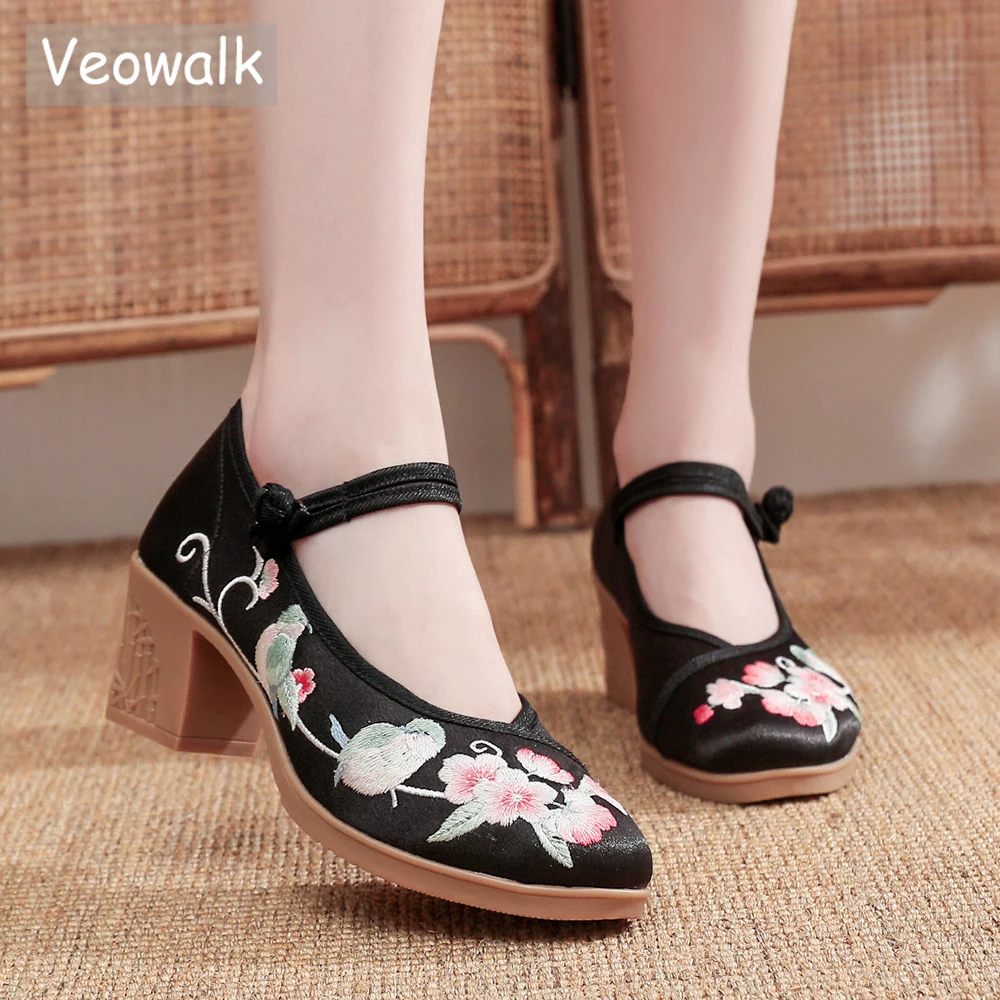 Veowalk Women Satin Embroidered 6cm Block Heel Shoes Comfortable Elegant Ladies Casual Mary Janes Chinese Style Shoes Black Pink