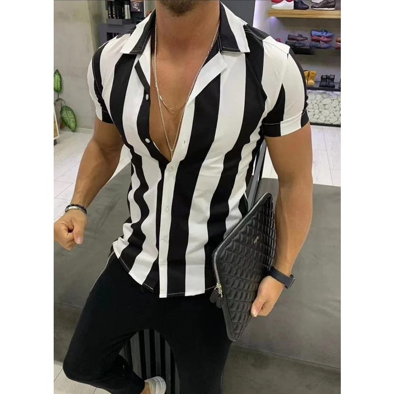 Men\'s Luxury Shirt Social Nightwear Striped Fashion Shirt with Button Men\'s Short sleeved Shirt Clothing