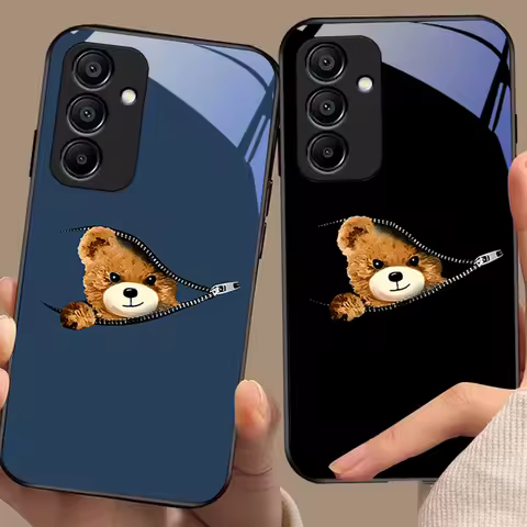 Zipper Bear Brown For Samsung Galaxy A15 5G 54 4G 51 50 24 35 90 71 12 51 53 52S 80 22 34 Black Tempered Glass Phone Case