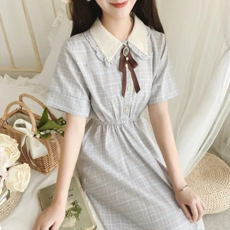 Girls\' Lolita Waist Collection Dress College Style Doll Neck Bow Grid Splicing Dress Japanese Korean New Chiffon Dresses 2024