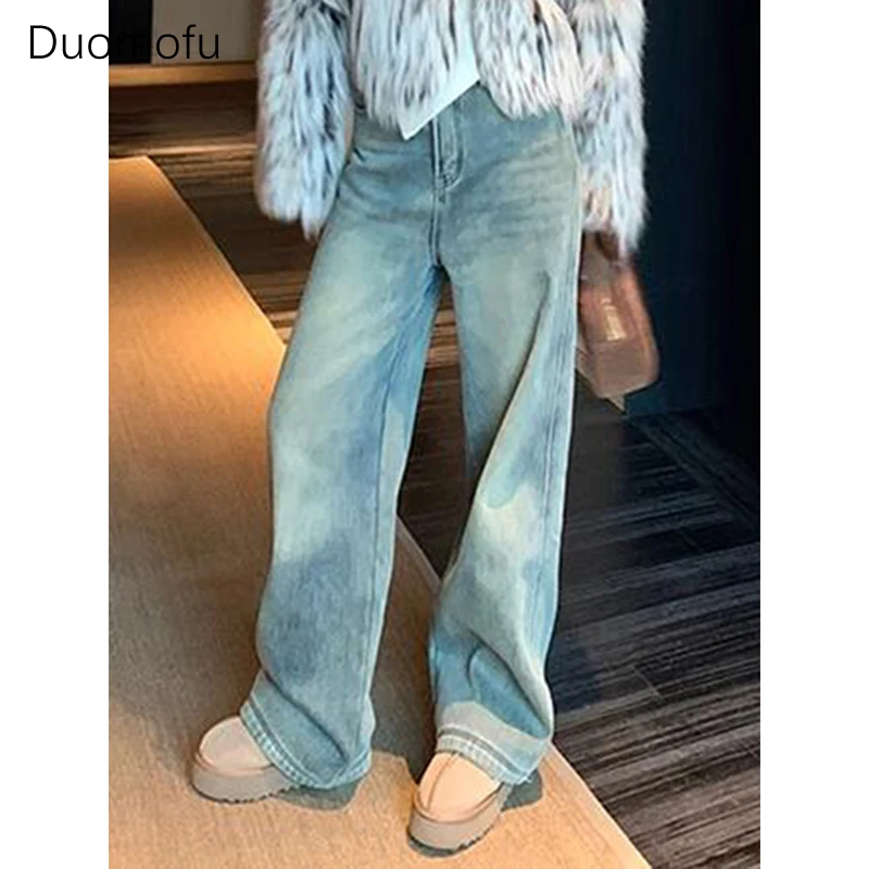 

Duomofu Vintage Chic Washed Distressed Straight Women Jeans Autumn Classic Full Length Loose Casual Fashion Simple Female Jeans