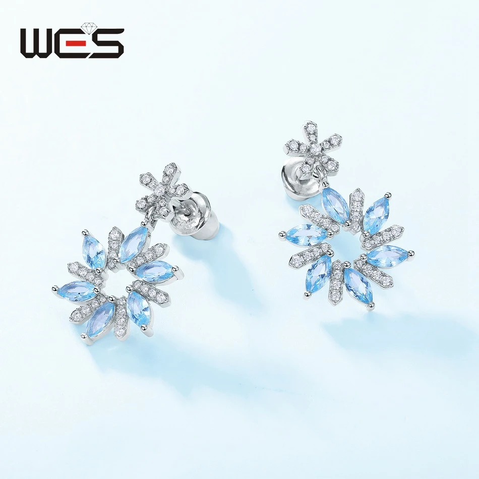 WES 925 Sterling Silver Snowflake Earrings For Woman Crystal Blue Zicron Fine Jewelry Christmas Party Gifts Wholesale Certified