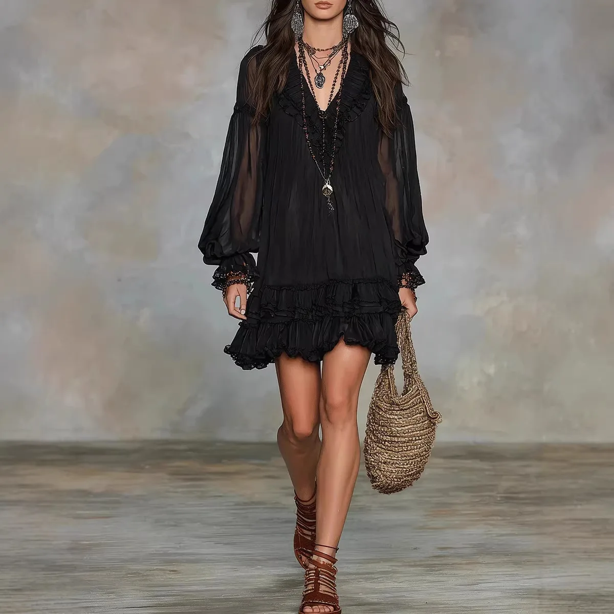

Spring New Mini Dress For Women Fashion V Neck Lace Patchwork Ruffles Dress Elegant Ladies Sexy Party Dress Vestido 2026