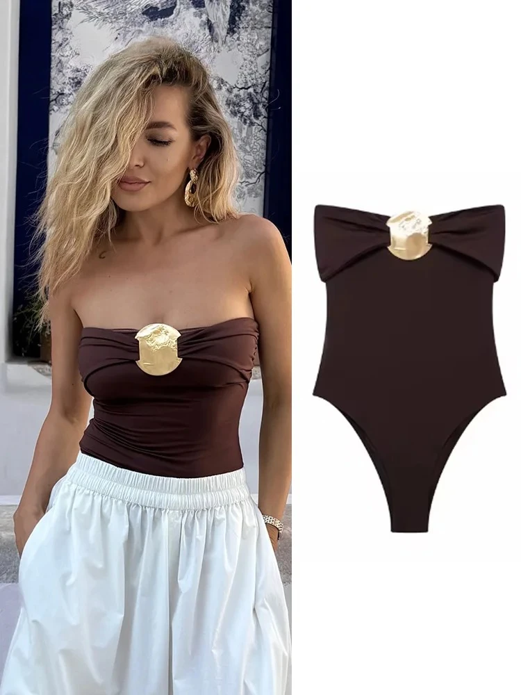 

Summer Women Bow Pleated Bodysuit Woman Solid Sexy Backless Swimsuit Brown +Black Ruched Party Rompers Beach Style