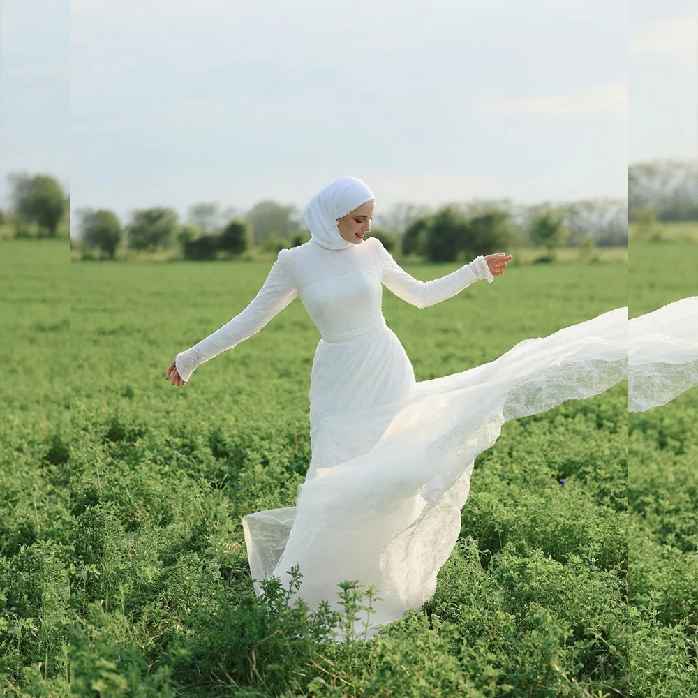 Luxury Muslim Wedding Dresses with Hijab for Bride High Neck Long Sleeve Mermaid Sweep Train Lace Dress Bridal Gowns Customized
