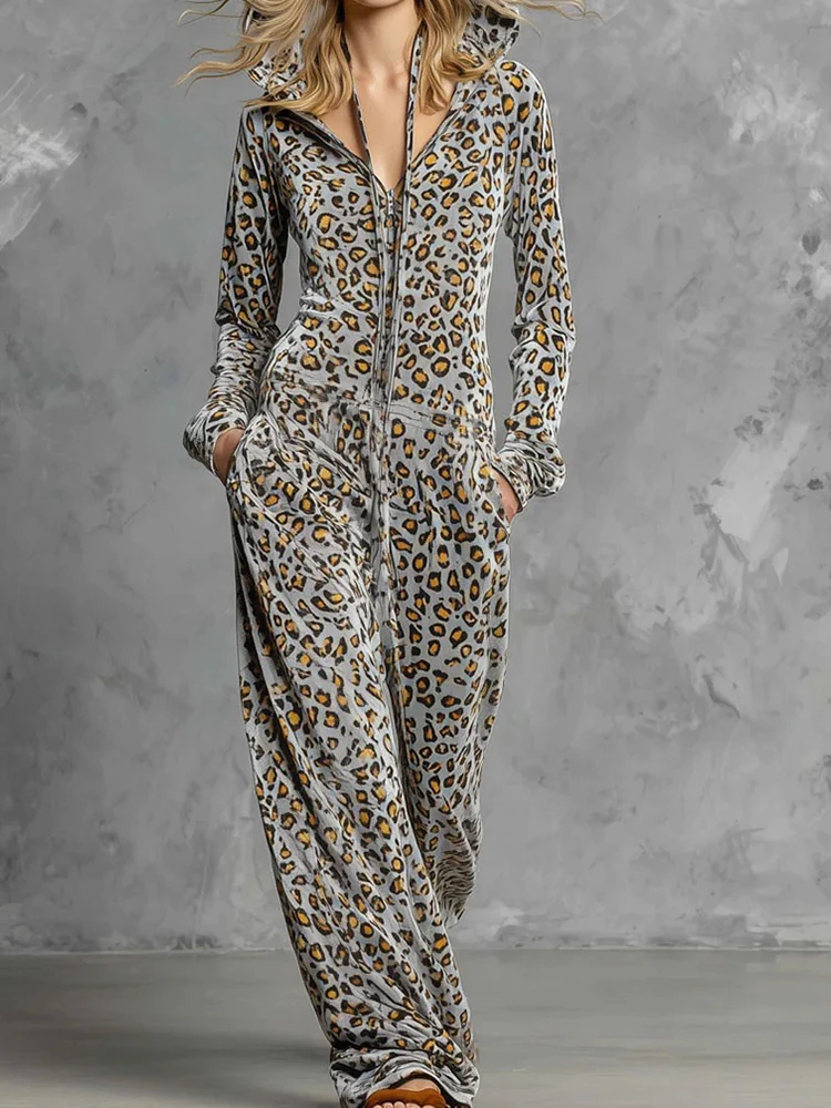 Leopard Printed Autumn Winter Hooded Jumpsuits, Women Holiday Long Sleeve Zipper Chic Playsuits, Wide Leg Pants Ladies Bodysuits