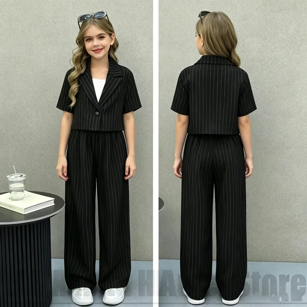 Girls Striped Suit Fashion Short Sleeve Blazer with Pants Kids Casual Chic Outfit Birthday Party Street Daily Wear 2 Piece