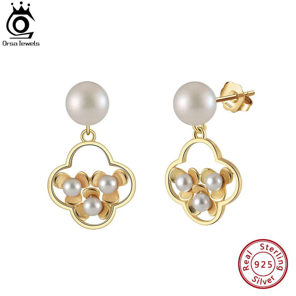 

ORSA JEWELS 14K Gold 925 Sterling Silver Natural Pearl Earrings for Women Elegant Exquisite Ear Stud Fine Jewelry GPE94