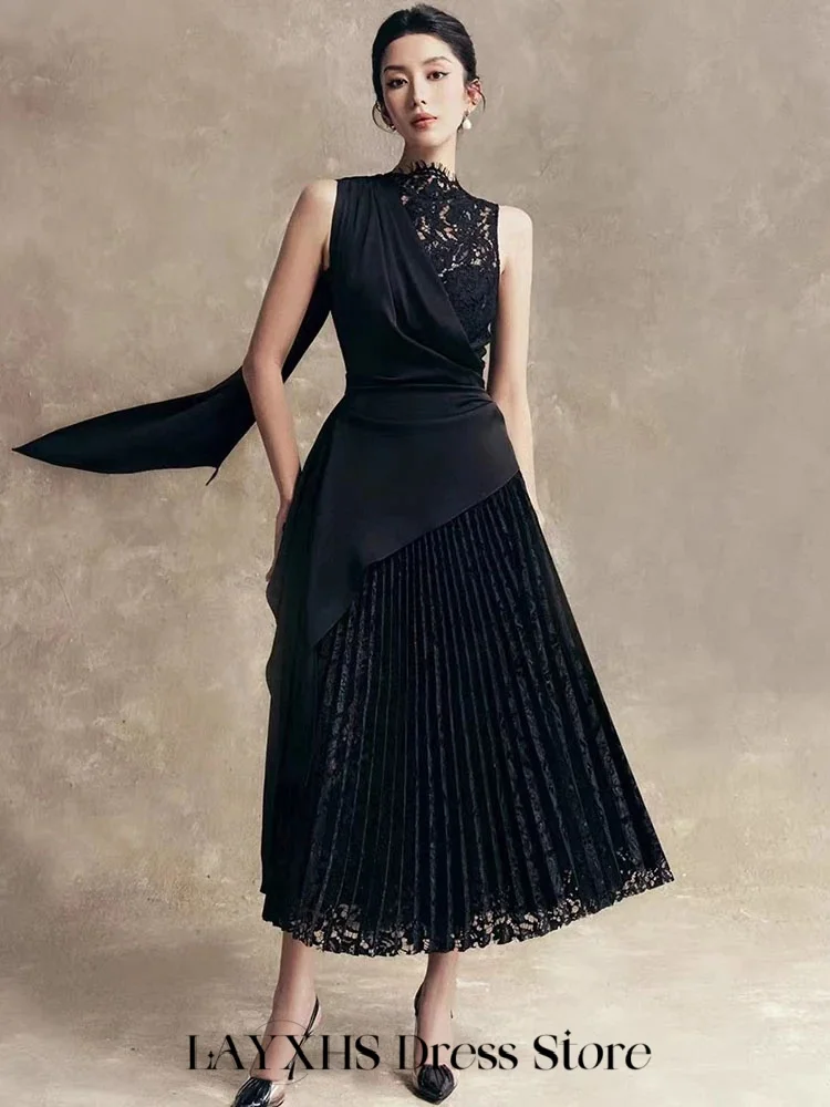 

LAYXHS Elegant Black Formal Evening Dresses O-Neck Lace Asymmetrical A-line Pleat Women Prom Dresses Customized فساتين سهرة