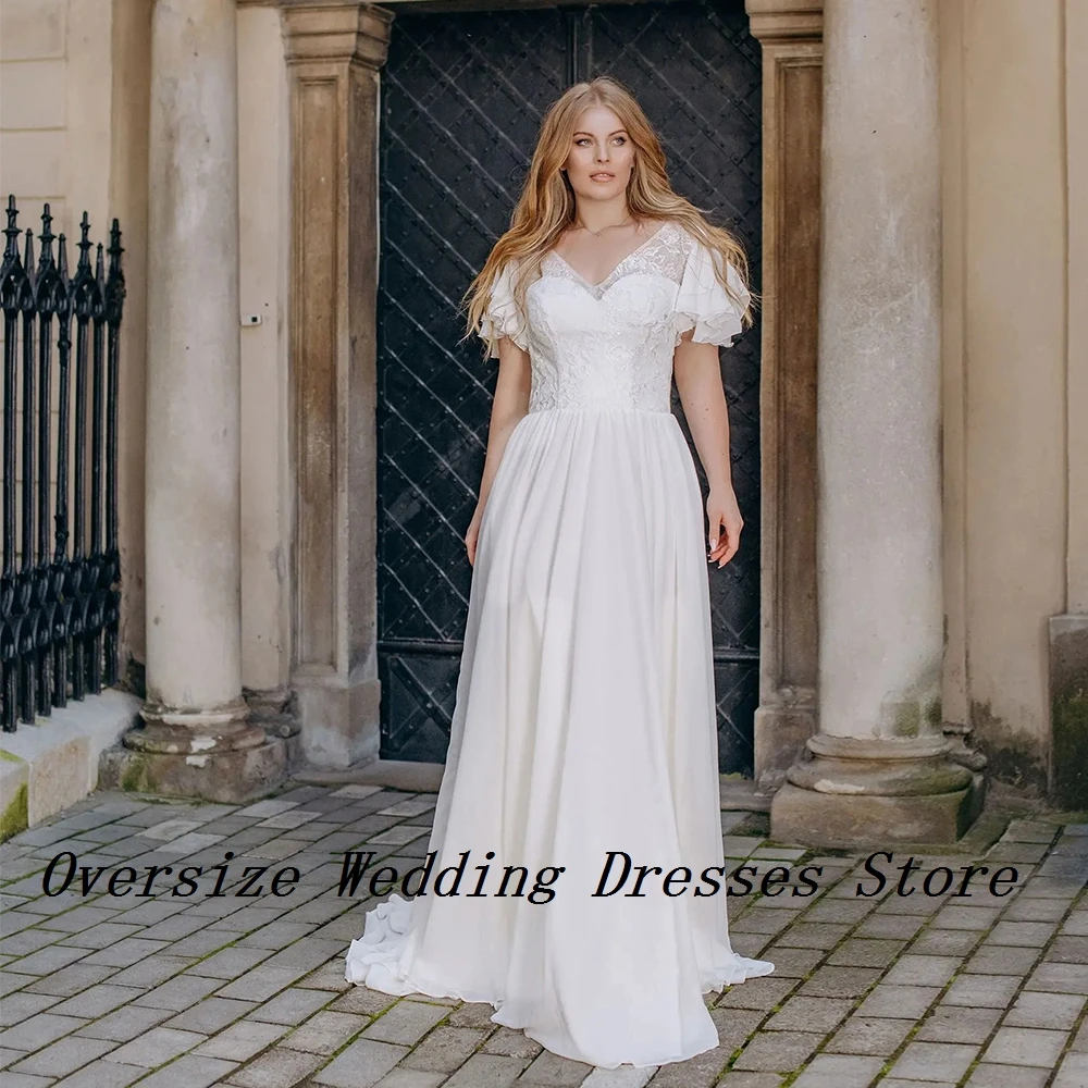 

Plus Size A Line Wedding Dresses for Ladies Short Sleeve V Neck Bridal Gowns with Chiffon New Summer 2025 Robe De Mariée New